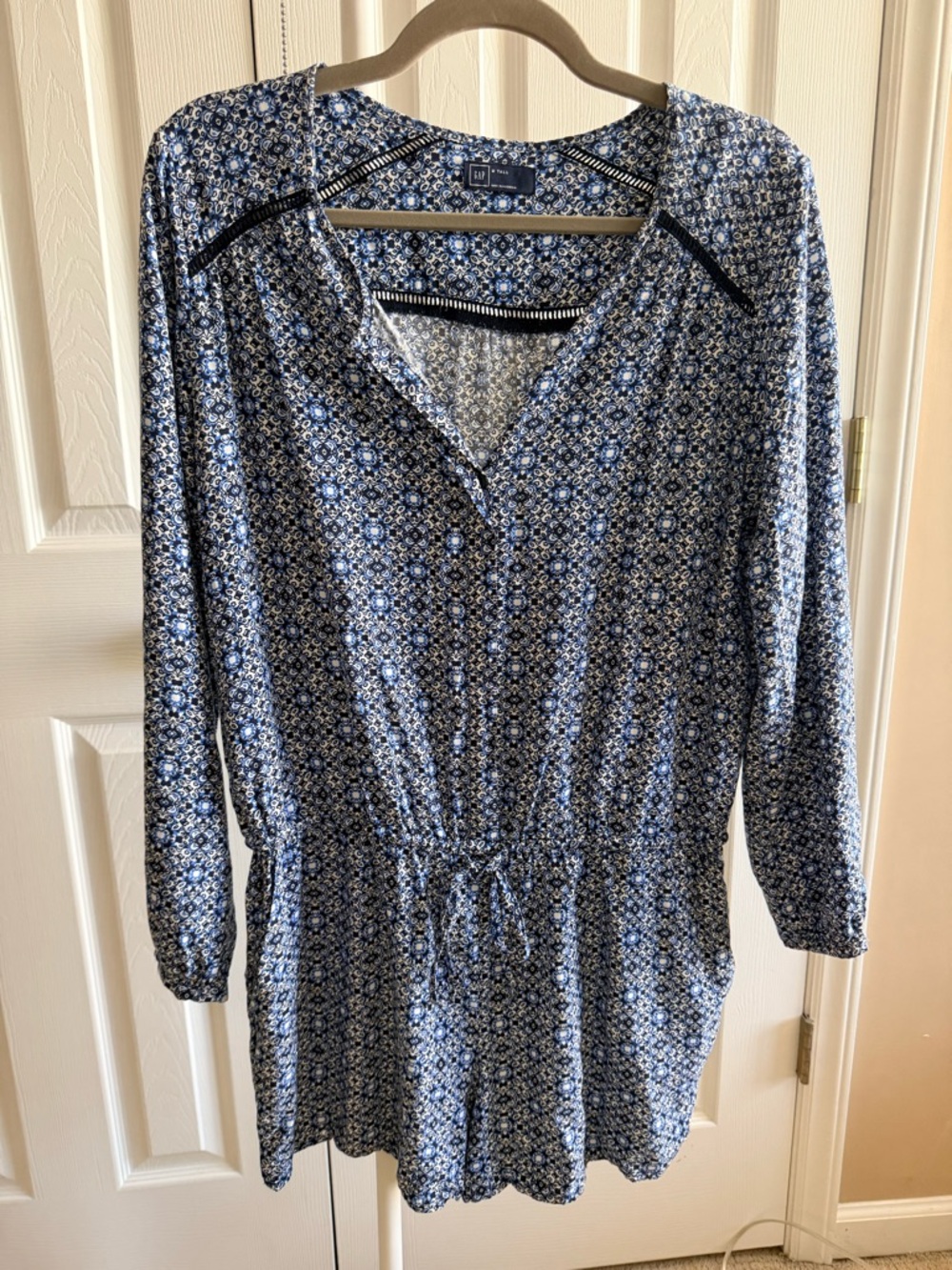 GAP Blue Printed Long-Sleeve Drawstring Romper